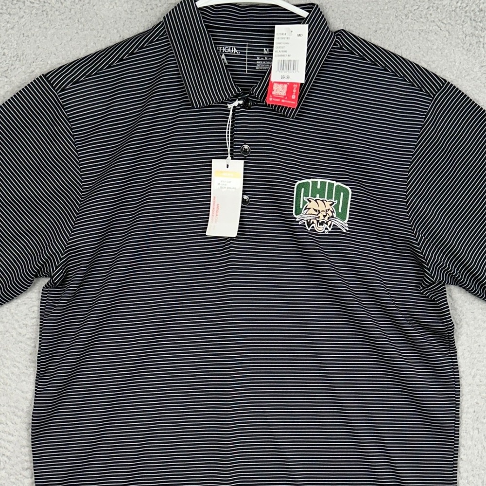 NEW Ohio Bobcats Polo Shirt Men Medium Black Striped NCAA Football Rugby Antigua